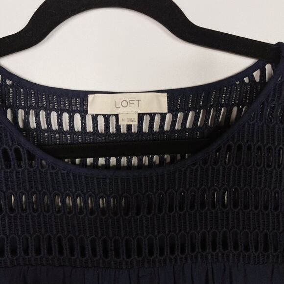 LOFT Navy Blue Medium M Eyelet Detail Long Sleeve Blouse Top Open Work Yoke - Picture 6 of 9
